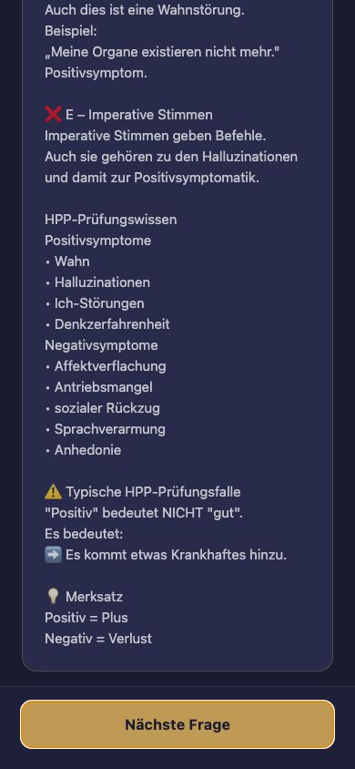 Lernhilfe der HPP App mit Prüfungswissen, typischer Prüfungsfalle und einprägsamem Merksatz